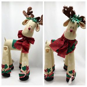Vintage Handmade Folk Art Fabric Reindeer Couple Boy Girl 2 Pc.